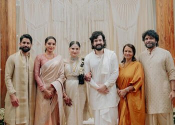 Akhil Akkineni-Zainab Ravdjee reception couple portrait traditional wedding attire