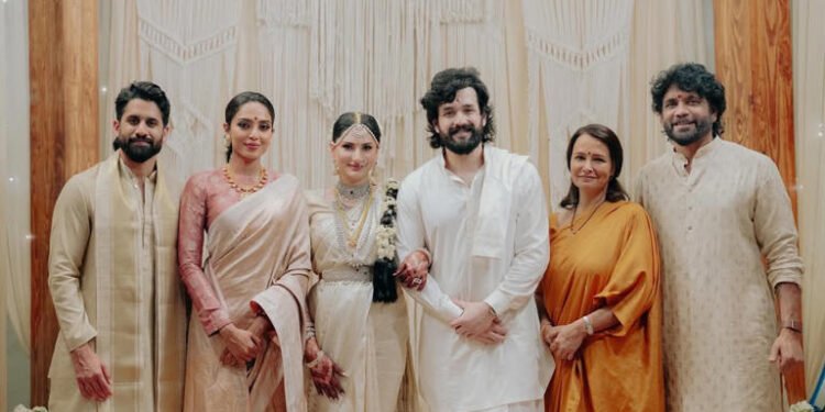 Akhil Akkineni-Zainab Ravdjee reception couple portrait traditional wedding attire